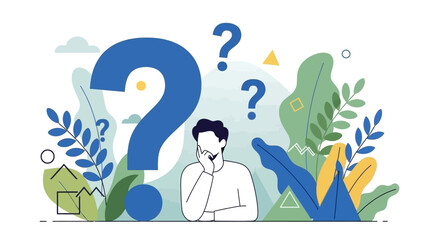 Confused Businessman Pondering Big Questions Surrounded by Oversized Question Marks and Abstract Foliage