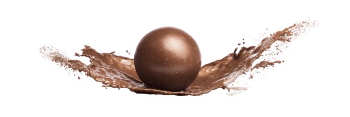 Levitating chocolate ice cream ball with dynamic milk splash and cocoa dust, isolated on white