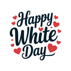 Happy White Day greeting features elegant script text surrounded by hearts.