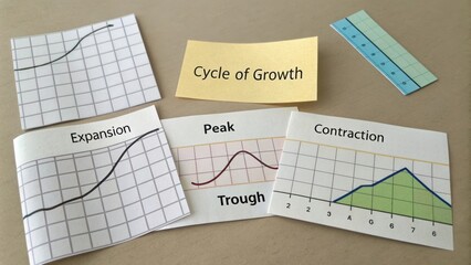 Visual Representation of Economic Cycles with Growth, Contraction, Peak, Trough, and Expansion Graphs on a Neutral Background