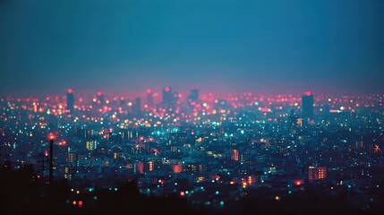 Fototapeta premium Aerial view of a brightly lit urban cityscape at night, showing a skyline with soft, colorful bokeh lights and various structures.