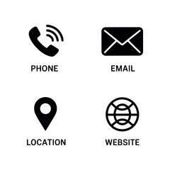 Contact icons include phone, email, location pin, and stylized global.