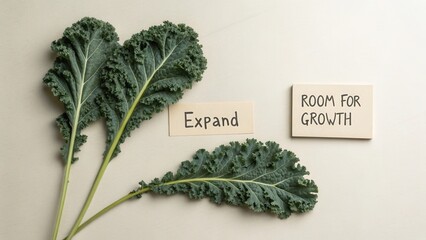 Fresh Kale Leaves with Notes on Growth and Expansion for Healthy Living and Wellness Concept Development