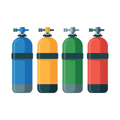 Four vertical pressurized gas cylinders stand together in different bright.