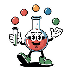 Animated chemistry flask character juggles colorful spheres near test tube.