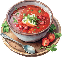 Ukrainian Borsch Dish Classic Food Watercolor Illustration