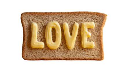 Toast spelling LOVE with butter on each slice minimal on white