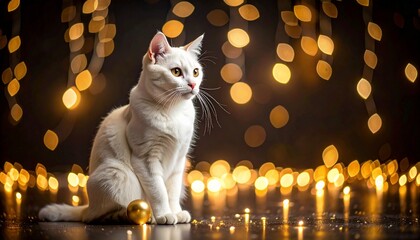 Elegant realistic white cat celebrating New Year in a subtle way, sitting calmly with soft golden bokeh lights, minimal festive elements, dark background, cinematic studio lighting, refined luxury moo