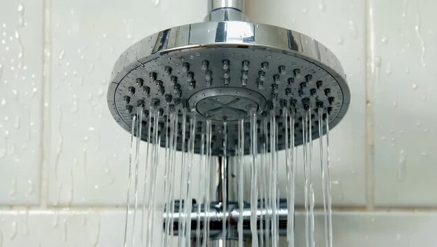 Clean refreshing 4K close up of modern shower head releasing steady stream of flowing water symbolizing hygiene relaxation daily routines water 