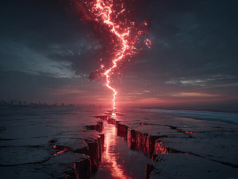 a surreal landscape with a fiery chasm cutting through the ground, surrounded by dark, smoky clouds. The ground is glowing with a red, molten appearance, and the horizon shows a dramatic sunset 