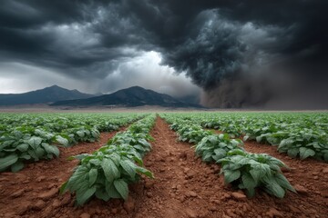 A dramatic landscape featuring a field of green crops under a threatening sky with a dust storm approaching near a dark, imposing mountain range.