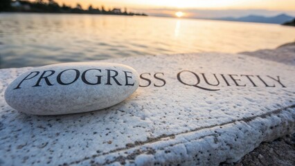 Peaceful sunset scene with stone inscription on calm water's edge, reflecting tranquility and subtle progress in life