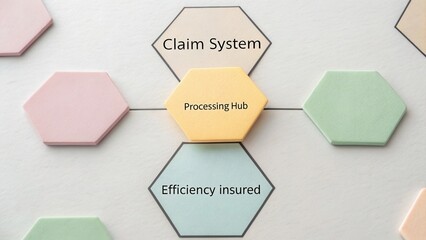 Visual diagram showcasing a claim system with a processing hub and efficiency concepts highlighted in hexagonal shapes