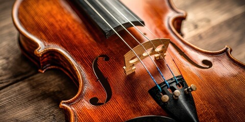 An old violin with aged wood and gold strings on a wooden table