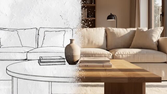 Interior design concept showing a living room sofa transforming from a sketch drawing to a photorealistic render in a modern home