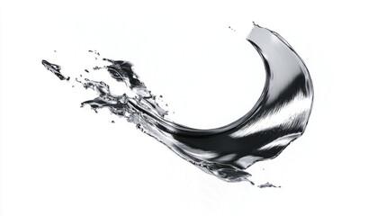 Abstract metallic silver splash in sharp curved form, minimal on white