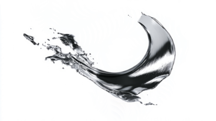 Abstract metallic silver splash in sharp curved form, minimal on white