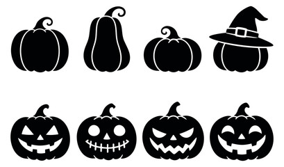 Silhouette pumpkin set featuring plain, witch hat, and jack-o'-lantern designs for halloween celebration