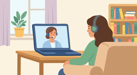 A flat vector illustration showing a counsellor conducting an online therapy session through a laptop. The counsellor appears on the screen smiling gently, while the client sits at home with headphone
