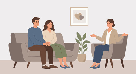 Obraz premium A flat vector illustration of a couple sitting together on a couch while a counsellor sits opposite them, facilitating communication. The counsellor gestures calmly with open hands. Neutral tones,
