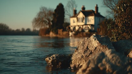 Obraz premium Picturesque view of a riverside dwelling from a rocky shore, with calm water and soft light, evoking tranquility and timeless charm.