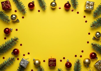 Joyful Yellow Christmas Frame: Festive Ornaments & Sprigs