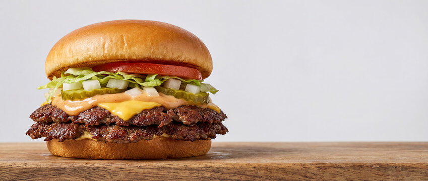 Smash Burger with Melty Cheese, Crispy Beef Patty and Juicy Toppings