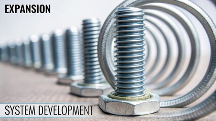 Close-Up of Metallic Bolts and Washers Representing System Development and Expansion in Engineering Projects