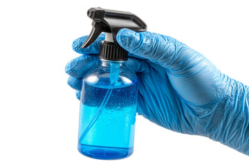 Gloved hand spraying sanitizer from bottle