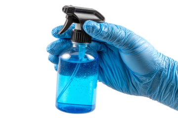 Gloved hand spraying sanitizer from bottle