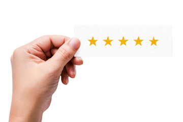 Hand holding five star customer review card floating on white background