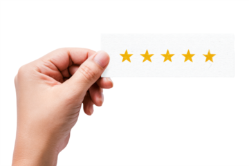 Hand holding five star customer review card floating on white background