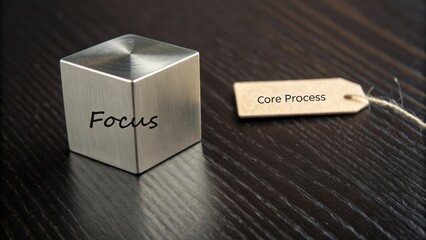 Metallic Cube with Focus Engraving and Tag with Core Process on Dark Wooden Surface for Business Concept