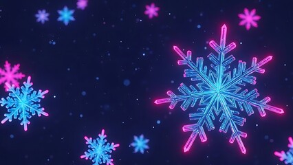 Glowing blue and pink neon snowflakes on dark blue background