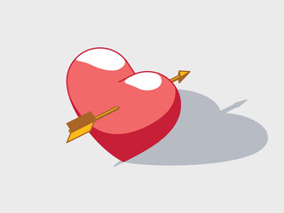 Heart with arrow isometric vector illustration with shadow