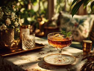 Fototapeta premium a beautifully set table with a crystal glass containing a amber-colored beverage, ice, and a sprig of mint. The table is covered with a patterned tablecloth and is surrounded by lush greenery