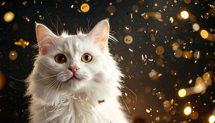 Cute realistic white cat sitting calmly, celebrating New Year, clean white fur with soft texture, gentle happy expression, subtle golden confetti floating, dark elegant background with warm festive gl