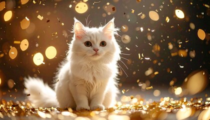 Cute realistic white cat sitting calmly, celebrating New Year, clean white fur with soft texture, gentle happy expression, subtle golden confetti floating, dark elegant background with warm festive gl