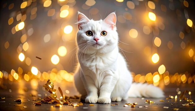 Cute realistic white cat sitting calmly, celebrating New Year, clean white fur with soft texture, gentle happy expression, subtle golden confetti floating, dark elegant background with warm festive gl - Powered by Adobe