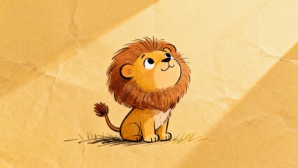 Cartoon illustration of a young lion sitting on a textured background with soft lighting