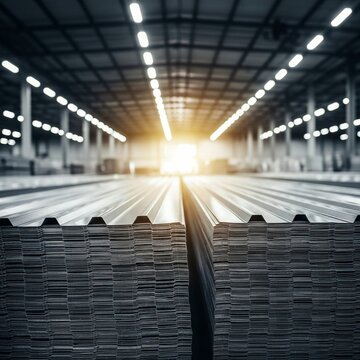 Corrugated Metal Sheets Stacked in Warehouse &ndash; Shiny Silver Roofing and Construction Material Ready for Sale