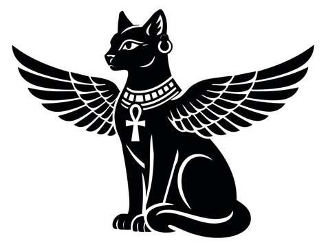 Ancient egyptian style illustration of a winged cat depicting the goddess bastet for cultural designs