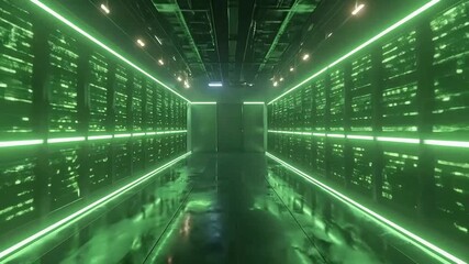 Illuminated data center hallway with rows of servers and green neon lights. - Powered by Adobe