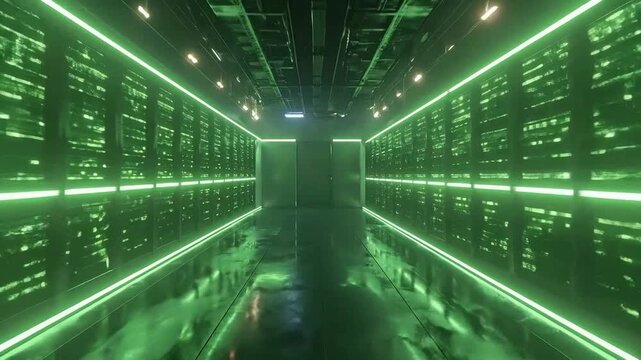 Illuminated data center hallway with rows of servers and green neon lights.