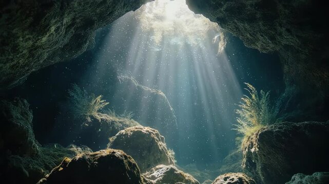 Sunlight Streaming Through Cave Entrance Rocks.