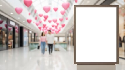 Framed white billboard in shopping mall with pink Valentine&rsquo;s Day decorations and blurred couple, romantic holiday advertisement mockup for seasonal sales and event promotion, valentine's day