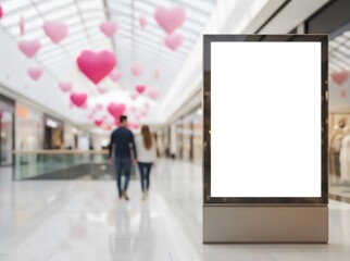 Framed white billboard in shopping mall with pink Valentine&rsquo;s Day decorations and blurred couple, romantic holiday advertisement mockup for seasonal sales and event promotion, valentine's day
