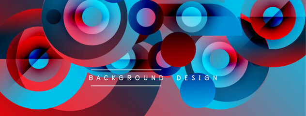 Fototapeta premium Abstract circles overlap, creating vibrant red, blue gradients. Text reads background design within composition. Modern, dynamic visual.