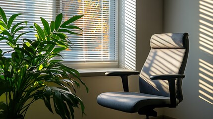 Quiet Business Office Corner with Plants and Chair by Window, Soft Daylight Creating Calm and Welcoming Interior, No People