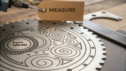 Detailed Measurement Tool with Calibration Tag and Artistic Design on a Workbench Background for Precision Engineering